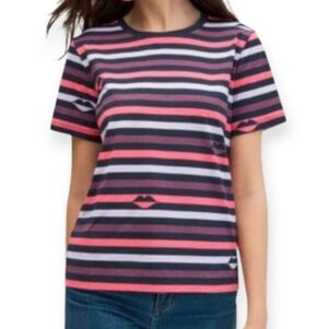 Kate Spade Striped Lip Print Short Sleeve Tee Pink Sz.XL EUC